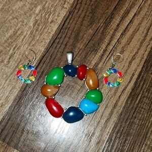 Multi Color / Silver Statment Pendant with Matching Earrings. Vintage